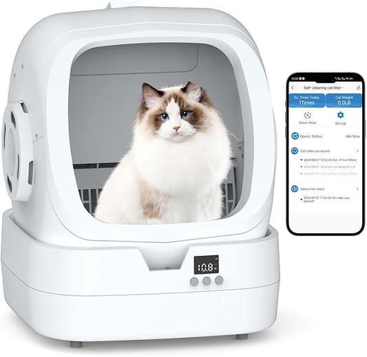 Mintakawa Automatic Cat Litter Box Self Cleaning - APP Control and Weight Monitoring - Ultra-Quiet, Suitable for Medium Cats and Kittens, Safe Anti-Pinch Litter Box (Assembly Required) -White