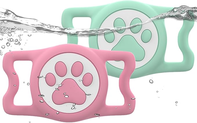 WhoseID IP68 Waterpoof Dog Airtag Holder, Stretchy Silicone Full Body Covered Apple Air Tag Holder for Dog Cat Collar Fit All Width Collar (Green/Pink, 2 Pack)