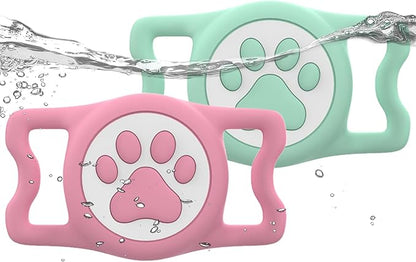 WhoseID IP68 Waterpoof Dog Airtag Holder, Stretchy Silicone Full Body Covered Apple Air Tag Holder for Dog Cat Collar Fit All Width Collar (Green/Pink, 2 Pack)