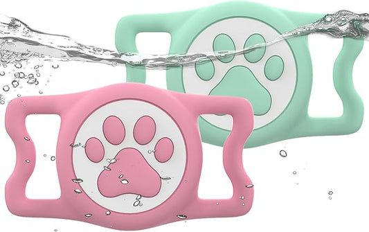 WhoseID IP68 Waterpoof Dog Airtag Holder, Stretchy Silicone Full Body Covered Apple Air Tag Holder for Dog Cat Collar Fit All Width Collar (Green/Pink, 2 Pack)