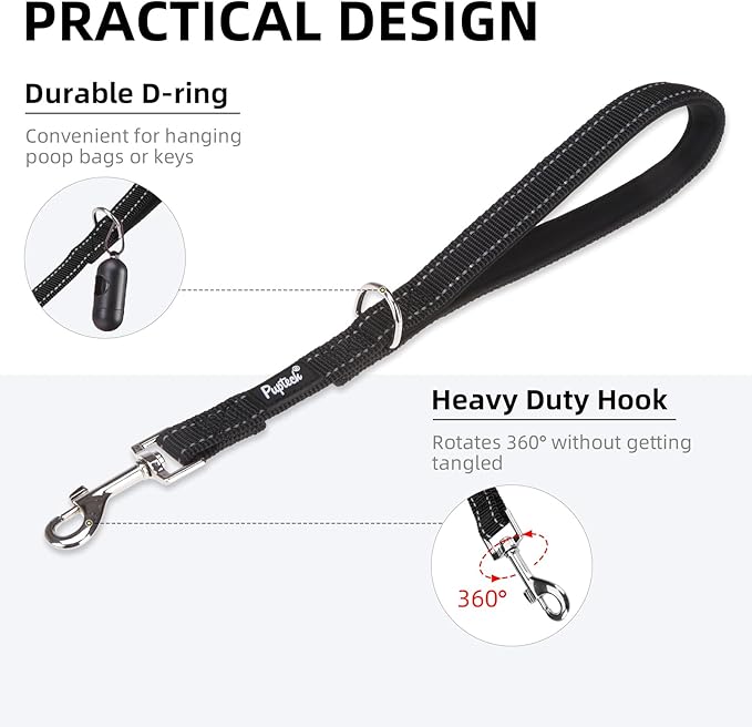 PUPTECK Reflective Dog Leash with Comfortable Padded Handle Durable Nylon Dog Lead for Small Medium and Large Dogs Cats Walking Running Training Outside, Black