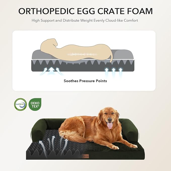 Casa Paw Orthopedic Dog Beds for Extra Large Dogs, Waterproof Egg Crate Foam XL Dog Bed with Sides 41x27Inch, Washable Big Dogs Couch Beds with Removable Cover and Nonskid Bottom, Olive Green