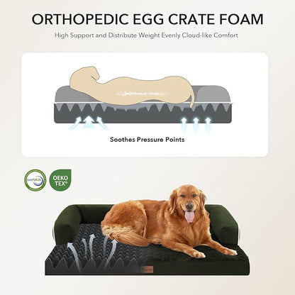 Casa Paw Orthopedic Dog Beds for Extra Large Dogs, Waterproof Egg Crate Foam XL Dog Bed with Sides 41x27Inch, Washable Big Dogs Couch Beds with Removable Cover and Nonskid Bottom, Olive Green