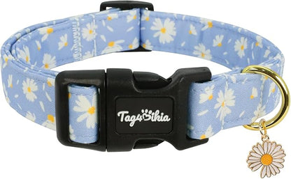 Dog Collar with Daisy Patterns, Spring Summer Collection Blue Dog Collar with Exquisite Pendant, Durable Adjustable Collars for Gifts & Daily Use-S