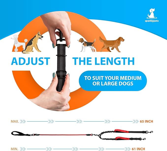 SparklyPets - Double Dog Bungee Rope Leash - Dual Dog Lead for Medium and Large Breeds - Padded Handles, No Tangle - Flow Leash, 2 Dogs Walking Accessory