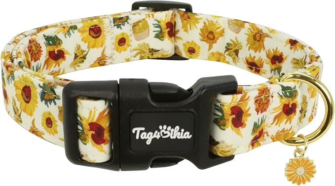 Dog Collar with Sunflower Patterns, Spring Summer Collection Yellow Dog Collar with Exquisite Pendant, Durable Adjustable Collars for Gifts & Daily Use-M