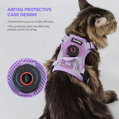 Cat Harness and Leash Set with AirTag Holder: Upgraded Escape Proof Vest with Lead for Small Dog Puppy Large Cat Walking，Soft Breathable Mesh Coat with Reflective Strip (Purple, L)
