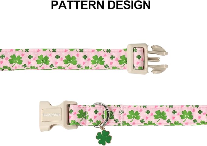 Lionet Paws St. Patrick Dog Collar- Cute Clover Pink Dog Collars with Plastic Buckle, Light Adjustable Dog Collars with Clover Pendant for Small Dogs