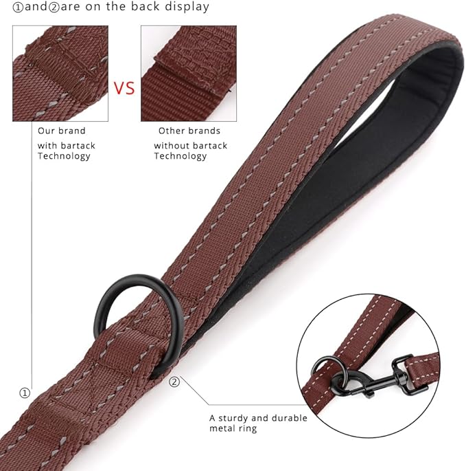 Plutus Pet Double Handle Dog Leash 6ft, Heavy Duty, Reflective Dual Handle Dog Leash for Safety Training, for Medium Large Dogs,2 Handle Leads, Chocolate