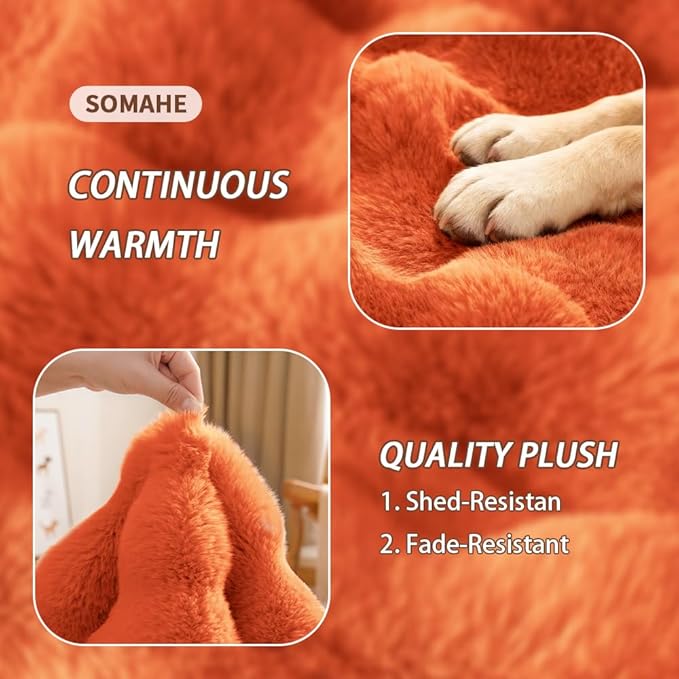 SOMAHE Self-Warming Dog Bed, Plush Faux Fur Mat with Anti-Slip Bottom, Ultra Soft Heated Pet Bed for Medium Large Dogs, Cozy Fluffy Pad for Carriers Couch Crate, Machine Washable, 35 x 27 Inch Orange
