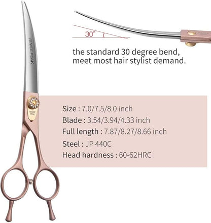 Fenice Peak Professional Curved Dog Grooming Scissors 7.5'' Rose Gold 440C Stainless Steel Pet Cutting Shears Safety Trimming Shearing for Dogs Cats