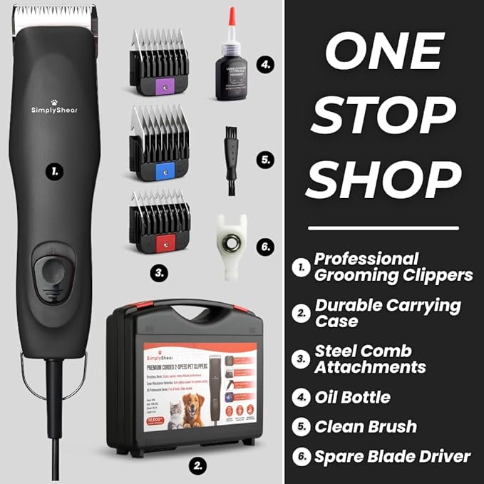 SIMPLYSHEAR Professional Dog Clippers for Grooming | High-Performance 2-Speed Corded Shears for Thick, Curly Coats & Matted Hair | Low-Noise Pet Grooming Kit with Heavy Duty Hair Trimmer, Black