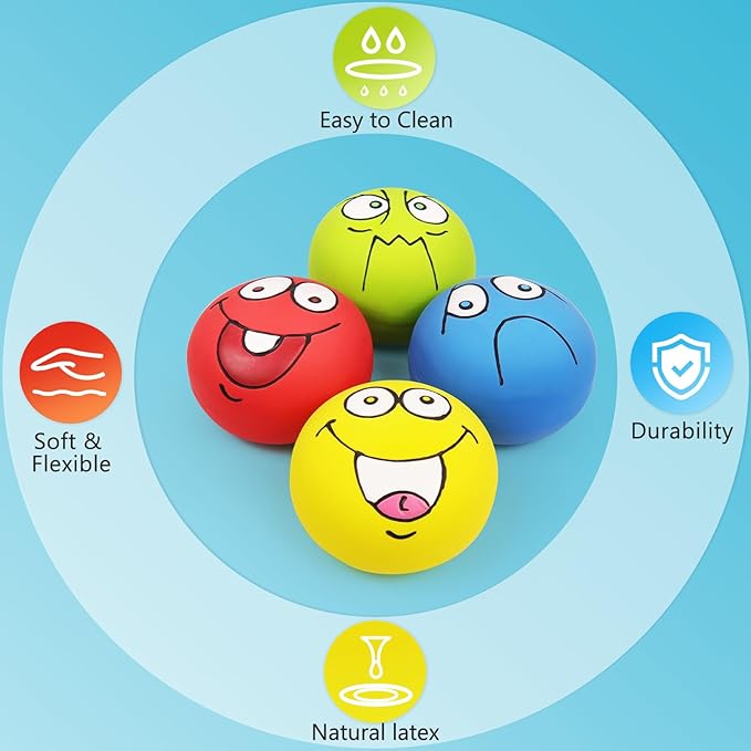 HDSX 4 Pack 2.8" Smiley Face Squeaky Dog Toys Soft Dog Balls Latex Rubber Squeak Dog Toys for Small Medium Puppy Pet Dogs (Flat Ball)