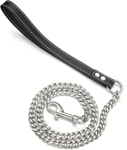 Silver Chain Dog Leash 11MM Solid Chew Proof 316L Stainless Steel Cuban Link Chain with Genuine Leather Handle Training Walking 3FT/4FT/5FT for Small Medium Large Dogs(11mm,5ft)…