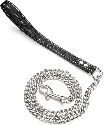 Silver Chain Dog Leash 11MM Solid Chew Proof 316L Stainless Steel Cuban Link Chain with Genuine Leather Handle Training Walking 3FT/4FT/5FT for Small Medium Large Dogs(11mm,3ft)…