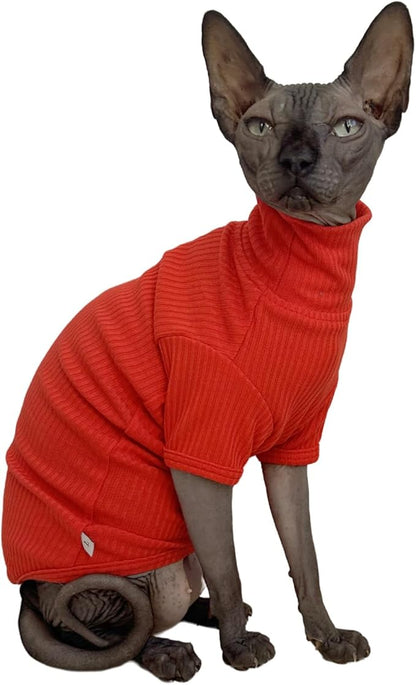 Sphynx Cats Shirt Cat Turtleneck Cotton Sweater Pullover Kitten T-Shirts with Sleeves Cat Pajamas Jumpsuit for Sphynx Cornish Rex, Devon Rex, Peterbald (Sunset, Medium (Pack of 1))