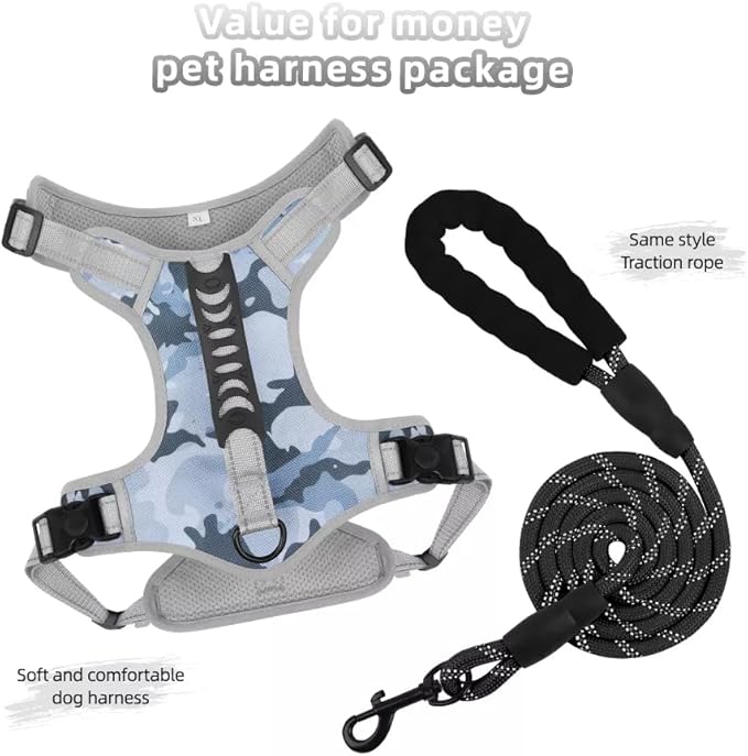 Dog Harness No Pull Adjustable Reflective,for Medium and Large Small Dog with Leash 59.06in (Camouflage, M)