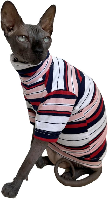 Vintage Stripes Sphynx Hairless Cats Shirt Cotton Cat Turtleneck Pet Clothes Kitten T-Shirts with Sleeves for Sphynx Cornish Rex, Devon Rex, Peterbald (Gentlemen, XX-Large (Pack of 1))
