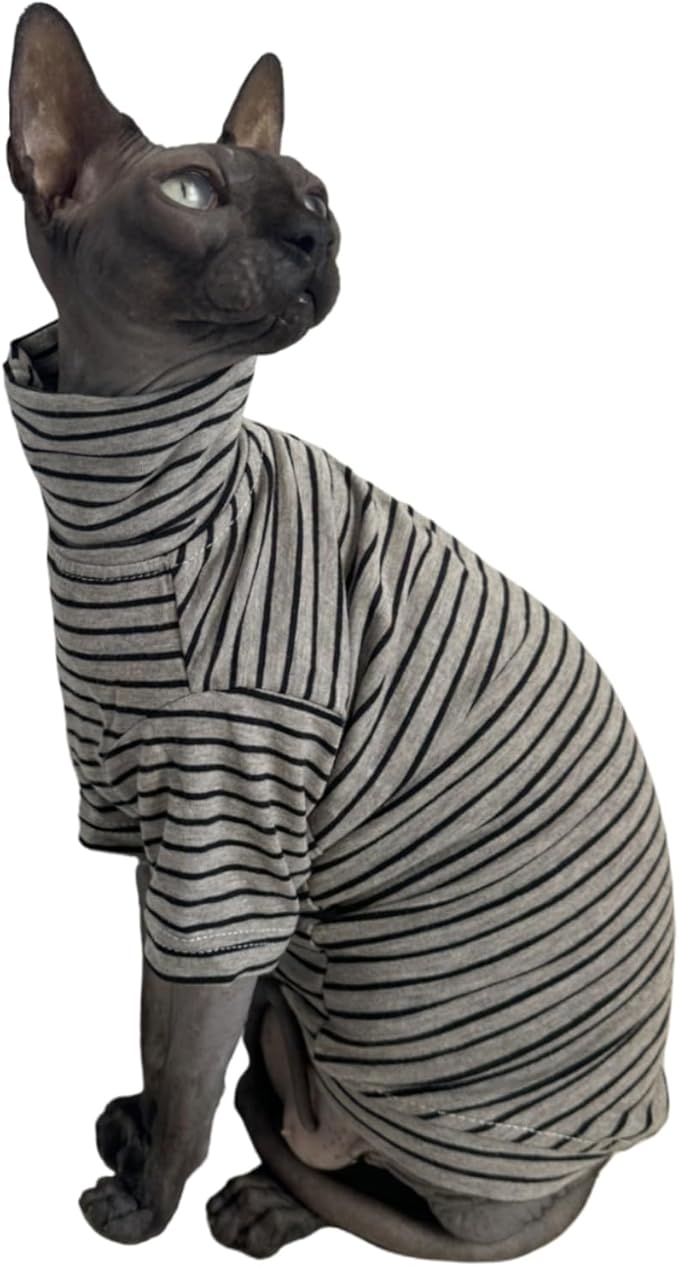 Vintage Stripes Sphynx Hairless Cats Shirt Cotton Cat Turtleneck Pet Clothes Kitten T-Shirts with Sleeves for Sphynx Cornish Rex, Devon Rex, Peterbald (Grey Stripe, XX-Large (Pack of 1))