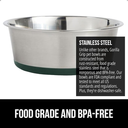 GORILLA GRIP Dog Bowls, Holds 2 Cups Each (16 fl oz), Heavy Duty Stainless Steel Food and Water Bowl for Feeding Dogs and Cats, Dishwasher Safe, Rust Resistant, BPA Free Rubber Base, Set of 2 Green