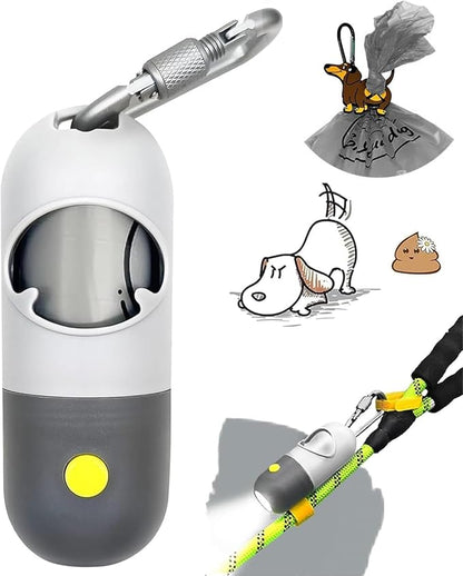 Dog Poop Bag Dispenser with Flashlight|Dog Poop Bag Holder with Leash Clip|Hands-Free Leash Holder with Straps and 1 Roll Waste Bags (Light Grey)