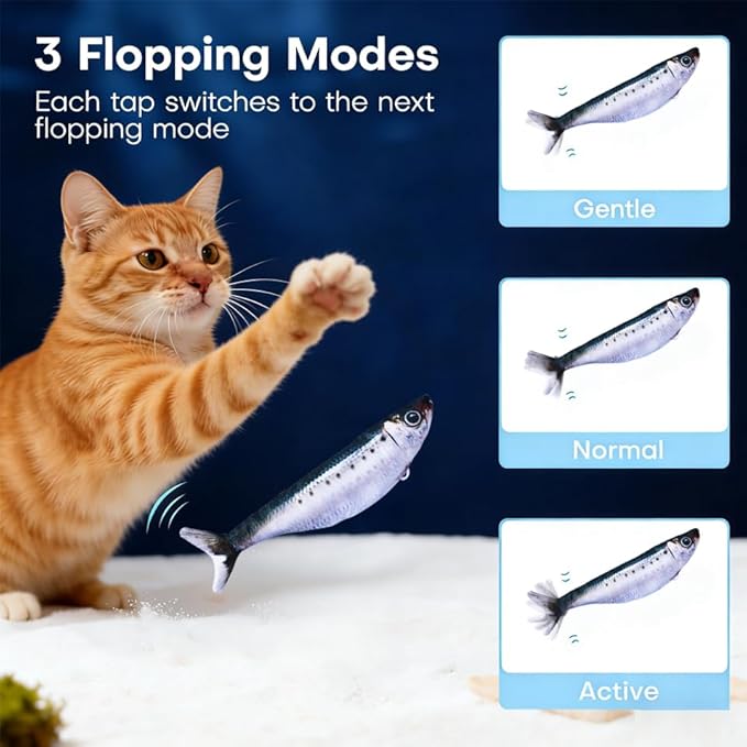 Realistic Floppy Fish Cat Toy with Catnip Toys for Cats Interactive Cat Toys for All Breeds Tap-Activated 3 Flapping Mode Sardine/Yellow Croaker,7.1 Inches,with Catnip,Rechargeable