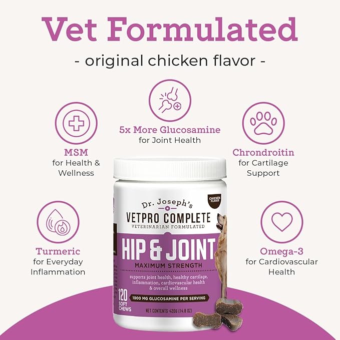 Dr. Joseph's VetPro Complete Dog Hip & Joint Supplement for Arthritis Pain Relief – High-Strength Glucosamine & Chondroitin Chews for Senior Dogs – Vet Formulated Daily Treats, Chicken Flavor, 120 Ct