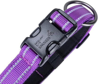EXCELLENT ELITE SPANKER Reflective Dog Collar Classic Soft Padded Breathable Nylon Adjustable Pet Collar with Quick Release Buckle for Boy Girl Male Female Puppies Small Medium Large Dogs(Purple-L)