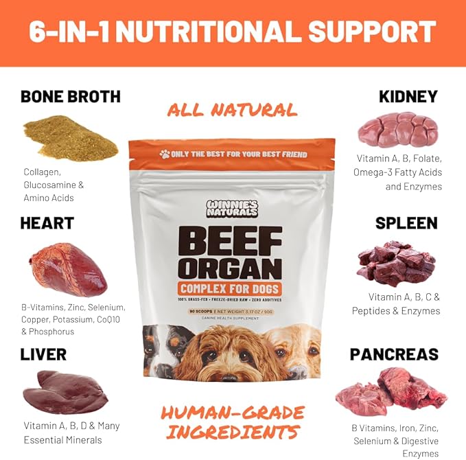 Winnies Naturals Beef Organ Complex Supplement for Dogs, Grass Fed Beef Organs Meal Topper, Dog Multivitamin, Dog Joint Health Supplement Support, Raw Food Supplement for Dogs, 90 Servings