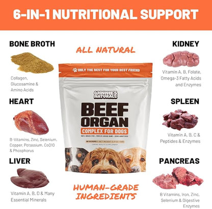 Winnies Naturals Beef Organ Complex Supplement for Dogs, Grass Fed Beef Organs Meal Topper, Dog Multivitamin, Dog Joint Health Supplement Support, Raw Food Supplement for Dogs, 90 Servings