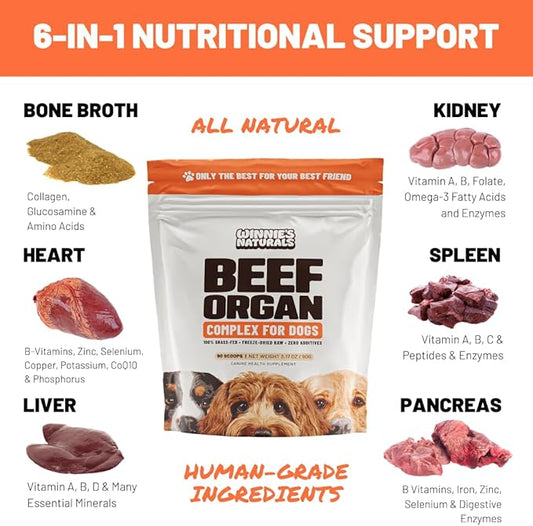 Winnies Naturals Beef Organ Complex Supplement for Dogs, Grass Fed Beef Organs Meal Topper, Dog Multivitamin, Dog Joint Health Supplement Support, Raw Food Supplement for Dogs, 90 Servings