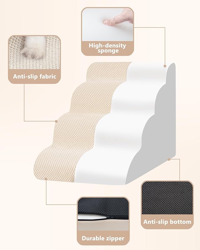 Aodisman Dog Stairs Ramp for Bed and Couch,4 Step Dog Steps for Small Dogs,Pet Stairs with Non-Slip Bottom for Old Cats,Indoor Pet Steps,Comfort,Durable,17.4" H,Beige