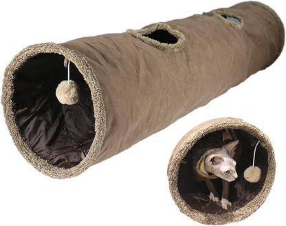 Terunat Cat Tunnel for Indoor Cats, 51×12 inch Foldable Big Cat Tunnel, Brown Suede Pet Tunnels with Two Peepholes and a Bubble Ball