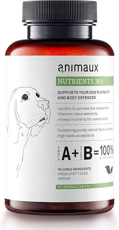 animaux – nutrients 365 for Dogs, All-Natural Vitamins, Healthy Immune System, Vitality, Healthy Skin, Shiny Coat, Raw-Feeding, Puppies, Dogs with Allergies, 60 Chewable Tablets, 60 Days Supply