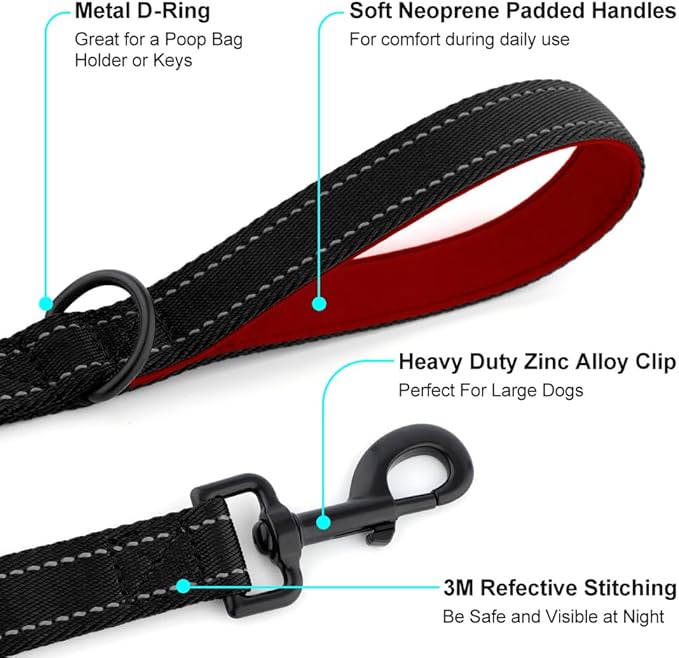 Heavy Duty Double Handle Dog Leash 6 ft Long for Total Control, Padded 2 Handle, Reflective Training Lead for Medium Large Dogs (Black, 6 FT)