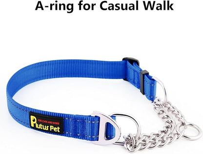 Plutus Pet Martingale Dog Collar with Stainless Steel Chain and Reflective Nylon, Adjustable No Pull Training Collar, for Small Medium, and Large Dogs, Royal Blue, S