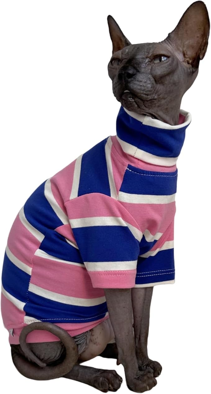 Vintage Stripes Sphynx Hairless Cats Shirt Cotton Cat Turtleneck Pet Clothes Kitten T-Shirts with Sleeves for Sphynx Cats (Wide Pink Blue Stripe, Small)