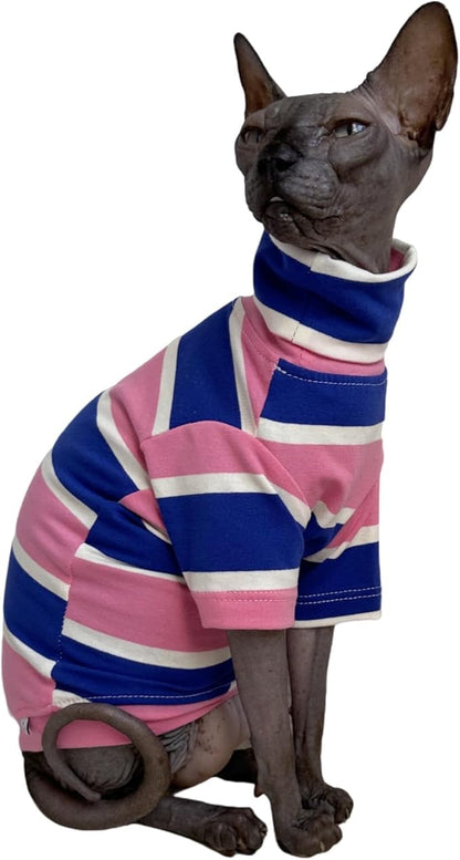 Vintage Stripes Sphynx Hairless Cats Shirt Cotton Cat Turtleneck Pet Clothes Kitten T-Shirts with Sleeves for Sphynx Cats (Wide Pink Blue Stripe, Small)