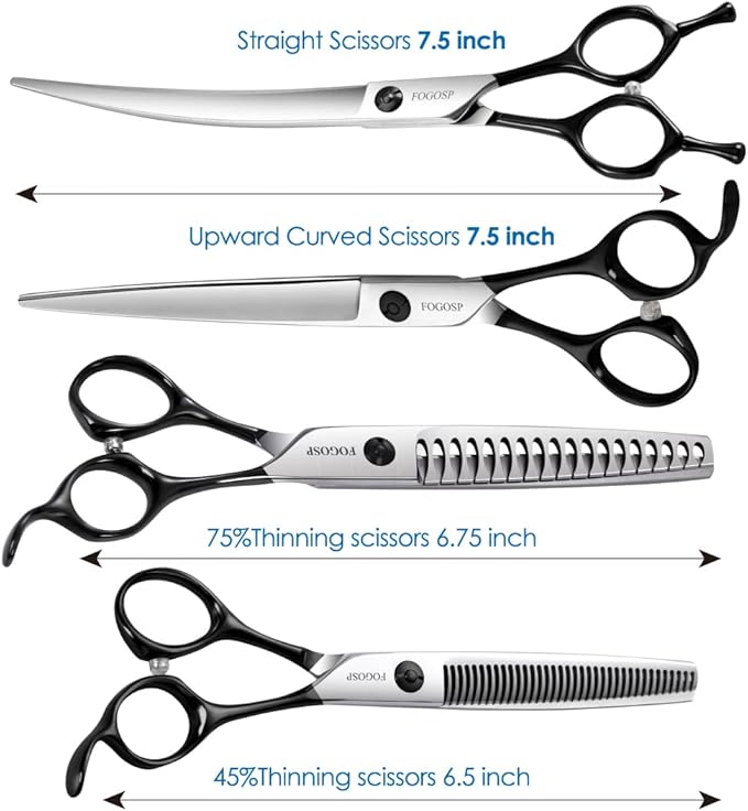 FOGOSP Professional 7.5" Dog Grooming Scissors Kit 4pcs, JP 440C Stainless Steel Curved Blender Straight Chunker Shears for Dog Cat and Pets (7.5 in Kit, Black)