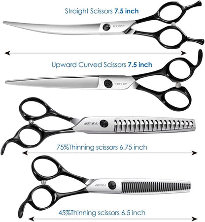 FOGOSP Professional 7.5" Dog Grooming Scissors Kit 4pcs, JP 440C Stainless Steel Curved Blender Straight Chunker Shears for Dog Cat and Pets (7.5 in Kit, Black)