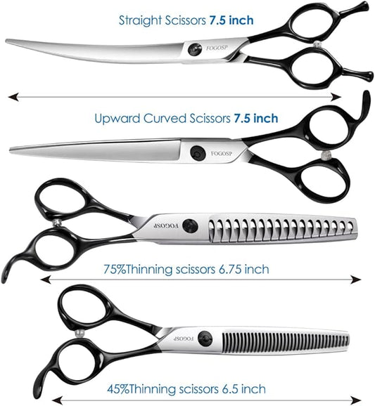 FOGOSP Professional 7.5" Dog Grooming Scissors Kit 4pcs, JP 440C Stainless Steel Curved Blender Straight Chunker Shears for Dog Cat and Pets (7.5 in Kit, Black)