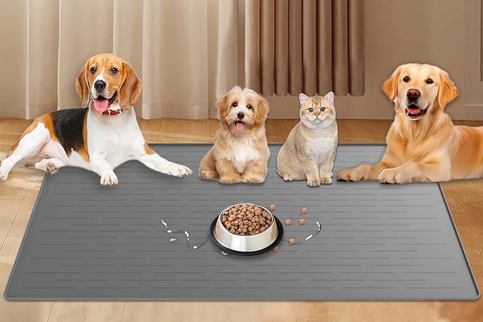 48"x32"(120cmx80cm) Largest Dog Food Mat, XXXL Waterproof Pet Feeding Mat for Floors, Silicone Dog Bowl Mat Tray for Food and Water, Light Gray