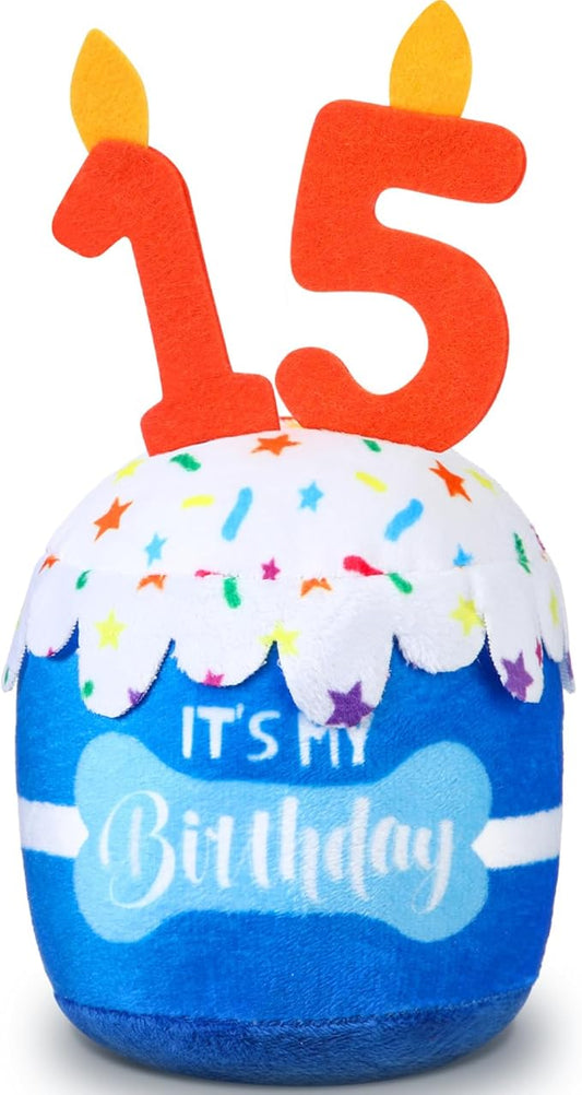 Dog Birthday Cake Toy Accessories for Girl Boy Gifts, Squeaky Plush Toy for Dog Birthday Party Decor Favor for Large, Medium and Small Dogs(15th,Blue)