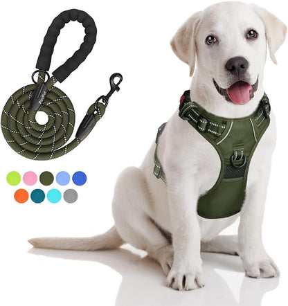 PoyPet No Pull Dog Harness and 5 Feet Leash Set, Release on Neck Reflective Adjustable Pet Vest, Front & Back 2 D-Ring and Soft Padded Pet Harness with Handle for Small to Large Dogs(Military Green,S)