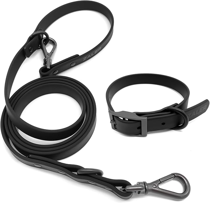 ZALER Dog Collar and Leash Set, Waterproof Adjustable Odor Proof Pet Collars Leashes Easy to Clean, 6FT Dog Leash with 2 Hooks for Large, Medium Small Dogs (S, Black)