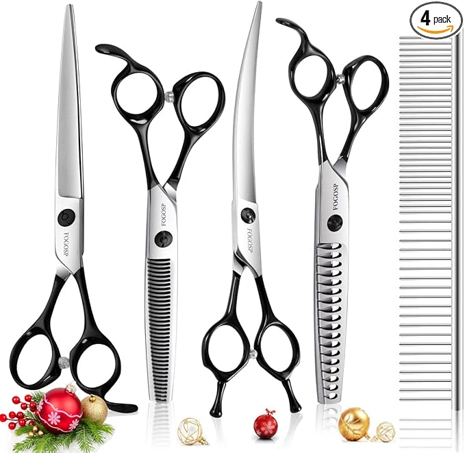 FOGOSP Professional 7.5" Dog Grooming Scissors Kit 4pcs, JP 440C Stainless Steel Curved Blender Straight Chunker Shears for Dog Cat and Pets (7.5 in Kit, Black)