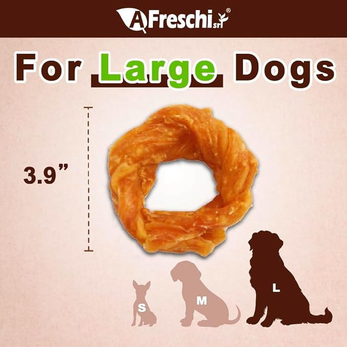 A Freschi srl Turkey Tendons for Dogs, USA-Sourced, Healthy Dog Treats, Rawhide-Free Puppy Chews, Long Lasting, All Natural, Hypoallergenic Dog Treats for Large Breeds, 10 Count Box Ring (L)