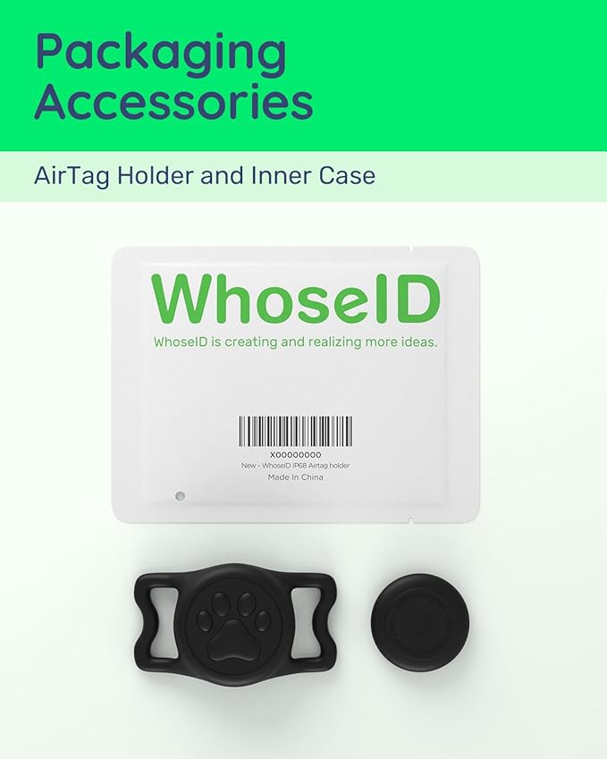 WhoseID IP68 Waterpoof Dog Air tag Holder, Stretchy Silicone Full Body Covered Apple Air Tag Holder for Dog Cat Collar Fit All Width Collar (Black1, 1 Pack)