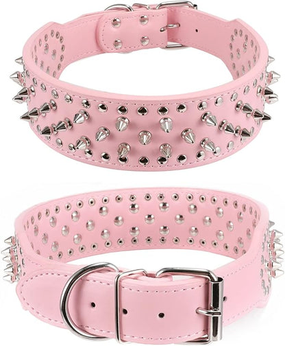 Hoot PU Leather Adjustable Spiked Studded Dog Collar 2" Wide 37 Spikes (M(Neck 19"-22"), Pink)