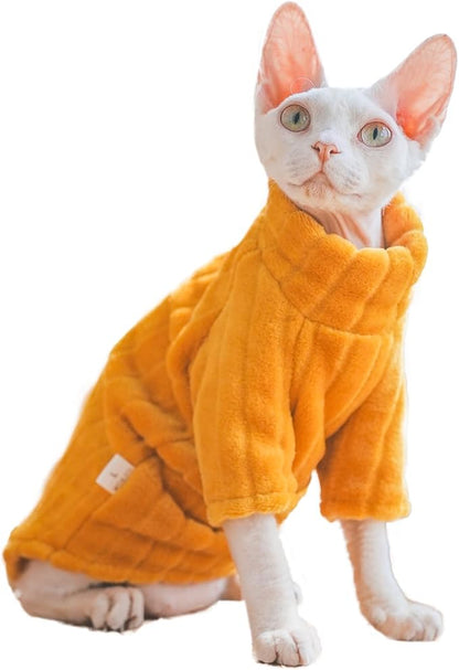 Turtleneck Sweater for Sphynx Cat Soft Coral Fleece Cat Clothes Thick Winter Warm Outfit Coat for Hairless Cats and Small Dogs Apparel with Sleeves (Orange, XL (9-13 lbs))